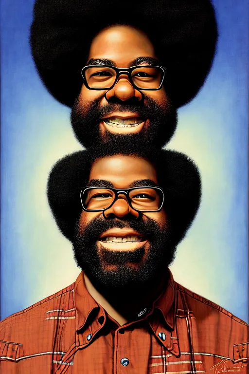 Prompt: portrait of questlove from the roots by gil elvgren and norman rockwell and rob gonsalves and hajime sorayama, hyperrealistic, high detail, ultra detailed, highly detailed face