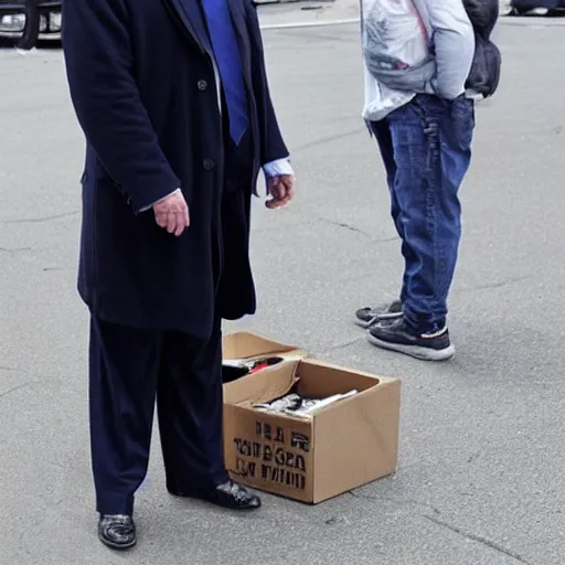 Image similar to donald trump dresses as a homeless man asking for money on the streets, detailed face