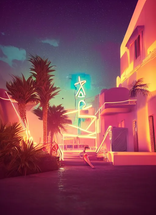 Prompt: night time neon, Art Deco, in SANTORINI island, palm trees, crystal clear neon water, starry night, Trending artstation, octane render, cgsociety, surrealist, cinematic, shadow of the tomb rider