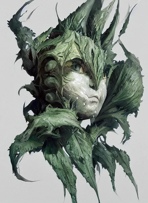 Image similar to semi reallistic gouache gesture painting, by yoshitaka amano, by ruan jia, by Conrad roset, by dofus online artists, detailed anime 3d render cilantro alien monster, cilantro terrible alien monster, antrophomorfic cilantro leaves , portrait, cgsociety, artstation, rococo mechanical, Digital reality, sf5 ink style, dieselpunk atmosphere, gesture drawn