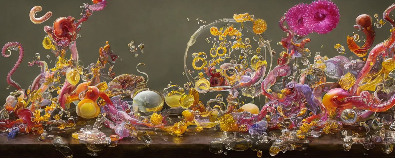 Prompt: ultradetailed photorealistic still life with jelly flowers by ernst haeckel, jan brueghel, james jean and murakami takashi, slime and tentacles, wide angle, minimalistic cinematic composition, octane render, bokeh, unreal engine, 4k, 3d render