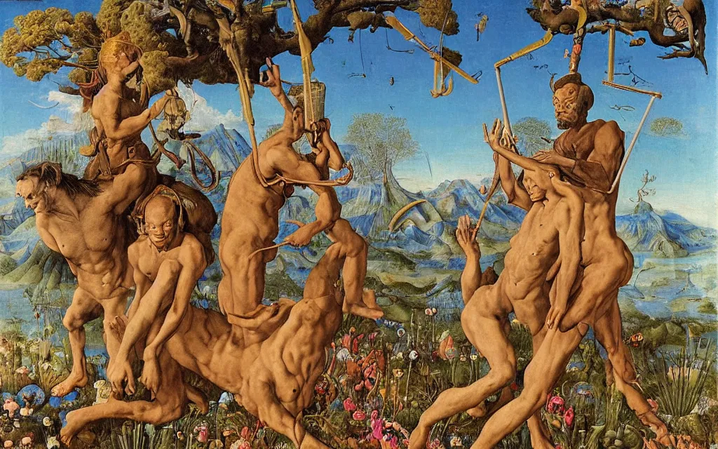 Image similar to a portrait photograph of a meditating satyr and a centaur monk riding a rocket machine and hunting at a river delta. surrounded by bulbous flowers and trees. mountain range under a blue sky of fiery stars. by jan van eyck, max ernst, ernst haeckel, ernst fuchs and artgerm, cgsociety, fashion editorial, 8 k