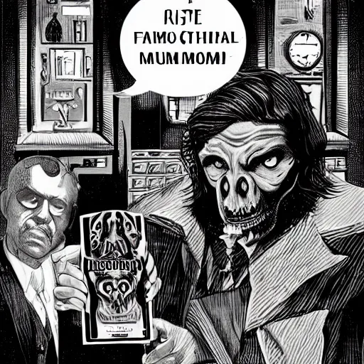 Image similar to Cthulhu as a modern day business man with a family and a drug and gambling addiction, necronomicon is the family Bible , Junji Ito and Greg rutkowski, psychedelic , 50s style infomercial , award winning , retro futuristic