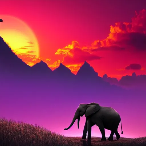 Image similar to a heroic elephant watching yesterday's sunset over the mountains in the style of synthwave, digital art, 4k