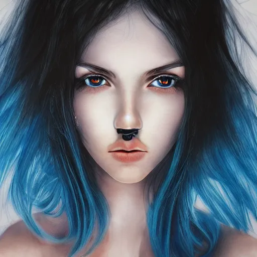 Image similar to photorealistic portrait of beautiful monster girl, black hair, blue eyes, glowing skin, detailed face, sharp focus