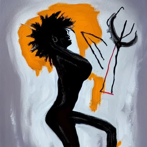 Image similar to A pretty attractive black woman with devil horns wearing a silver mini dress standing on the ocean, ,full body, pitchfork, creative background, abstract jean-Michel Basquiat oil painting with thick paint strokes, oil on canvas, intricately!!! detailed!!!