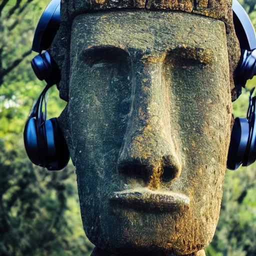 Image similar to a high detail photo of a moai wearing headphones