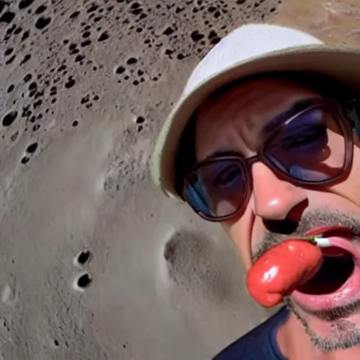 Prompt: robert downey jr eating a delicious hot dog on the surface of the moon, taken with a selfie stick, fisheye lens