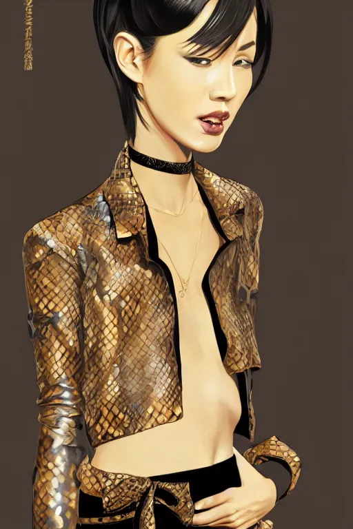 Image similar to yakuza slim girl, gold suit jacket in snake print, jacket over bare torso, yakuza tattoo on body, black short curtain haircut, black leather pants with black belt, portrait, elegant, 2d, ultra highly detailed, digital painting, smooth, sharp focus, artstation, art by Ilya Kuvshinov, rossdraws