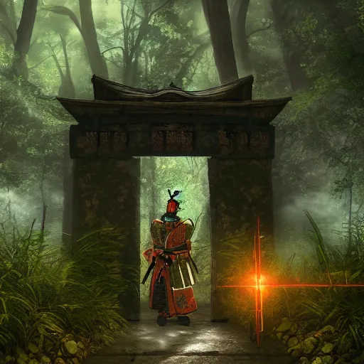 Prompt: a mirrored portrait of a legendary samurai in a mystical overgrown haunted ancient crypt with a gateway to hell in a beautiful forest rays of light 4k digital art unreal engine trending on artstation