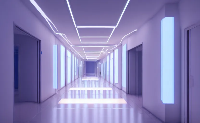 Image similar to an hallway in hospital with soft blue lights in the roof, octane render, artstation trending, highly detailded