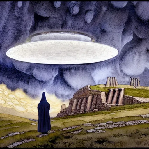 Image similar to a hyperrealist watercolor concept art of a giant ufo in the sky above gobekli tepe during a thunderstorm. a medieval monk in grey robes is in the foreground. very muted colors, by rebecca guay, michael kaluta, charles vess. high detail, hq, wide shot, 4 k