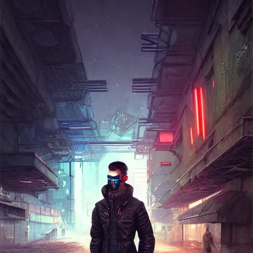 Image similar to A portrait of a cyberpunk guy on the street of a Soviet slum on the moon, Norilsk, sci-fi, fantasy, intricate, very very beautiful, elegant, highly detailed, digital painting, artstation, concept art, smooth, sharp focus, illustration, art by artgerm and greg rutkowski and alphonse mucha