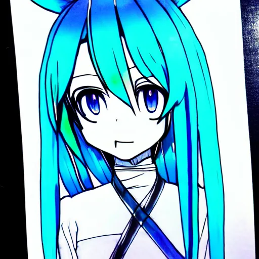 Image similar to hatsune miku v 3, blue pen art on paper