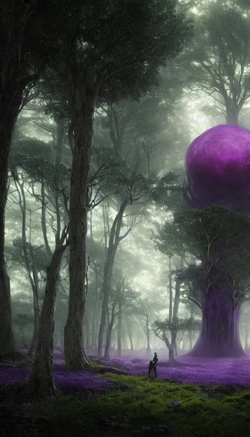 Image similar to hyper realistic 3 d render of a future sci - fi ancient god on the middle of a forest with a lot of purple trees holding a portal that's about to explode, fog, volumetric lighting, sunny day, by greg rutkowski and diego velazquez