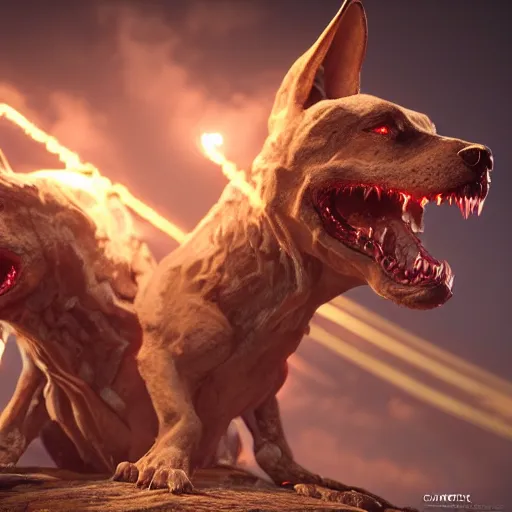 Prompt: a beautiful portrait of a cerberus intricate, epic lighting, cinematic composition, hyper realistic, 8 k resolution, unreal engine 5 8 k rendered with autodesk