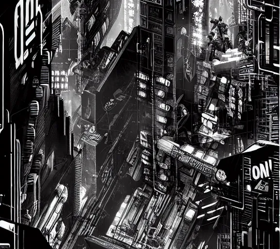 Prompt: a black and white illustration of a cyberpunk epic Friday night firefight in the style of MC Escher, Night City, cyberpunk 2077, 1979 OMNI Magazine Cover, very very coherent, street level neo-Tokyo in Cyberpunk 2045, 4k, 8k, HD, trending on artstation