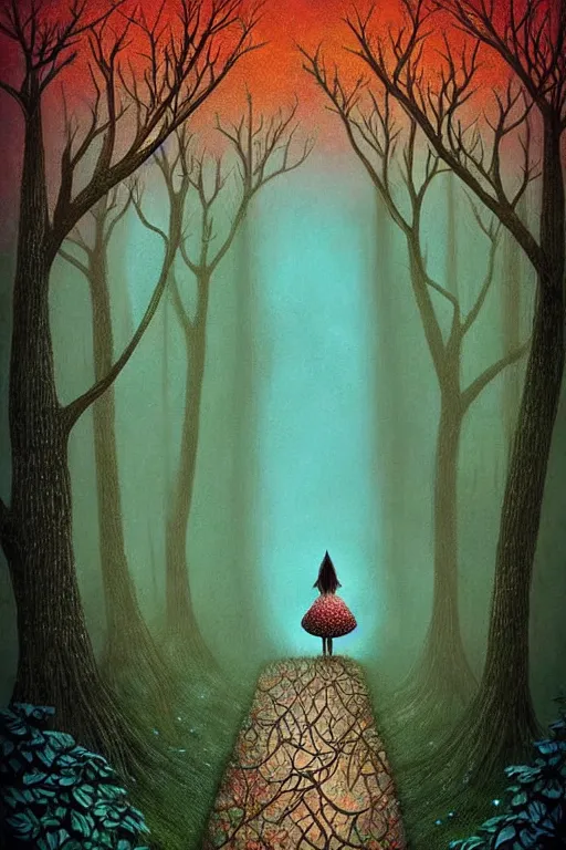 Prompt: surreal, fantasy, fairytale animals, flowerpunk, mysterious trail through the forest, by andy kehoe