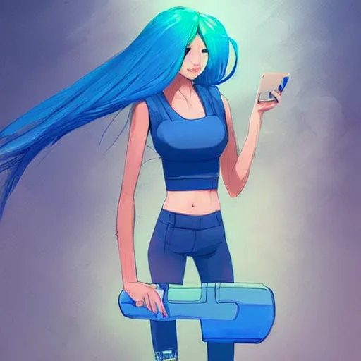 Prompt: if bluetooth was an actual human female, wearing blue crop top with the bluetooth logo on and blue shorts, digital image, character illustration, highly detailed, long blue hair, background of a blue flower field, trending on art station, art, by jason chan