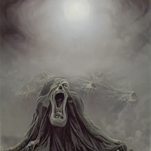 Image similar to Sinister manifestation of Insomnia Demon, ghoul, spirit ghost. Smoke, silk, teeth. by Zdzisław Beksiński, Dariusz Zawadzki, Mariusz Lewandowski, Tom Bagshaw, Aeron Alfrey, Bernie Wrightson, Daarken, Boris Groh, Tsutomu Nihei and Erik Johansson