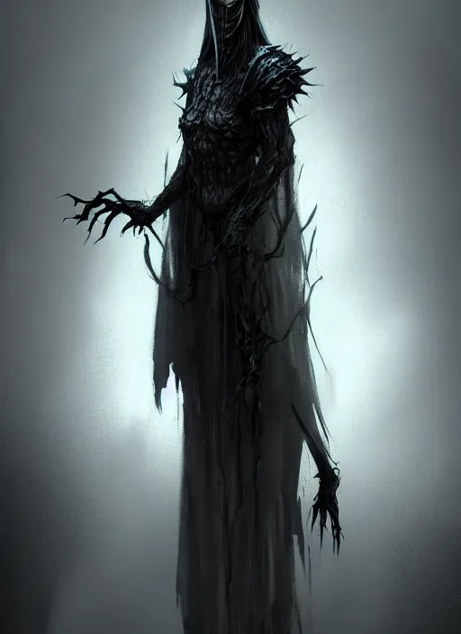 Image similar to creepy pale moster with incredibly long fingers, very long arms, character concept, dark souls concept art, Feng Zhu concept art, dramatic lighting, highly stylized, trending on artstation