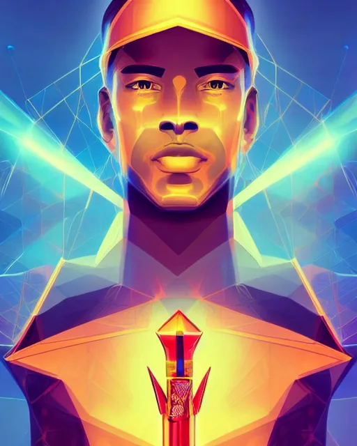 Image similar to symmetry!! egyptian prince holding neon gold scepter of power, solid cube of light, egyptian design, hard edges, product render retro - futuristic poster scifi, lasers and neon circuits, brown skin man egyptian prince, intricate, elegant, highly detailed, digital painting, artstation, concept art, smooth, sharp focus, illustration, dreamlike, art by artgerm