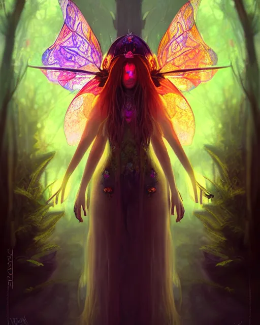 Prompt: stunningly beautiful female faerie priestess in amanita muscaria forest landscape, symmetrical wings on back, symmetrical face, neon hair, fantasy art, dark light night, sharp focus, digital painting, 4 k, concept art, art by wlop, artgerm, greg rutkowski and alphonse mucha