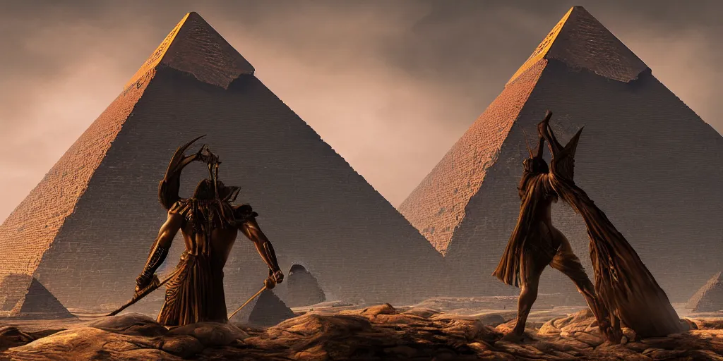 Image similar to Photorealistic epic intricate detailed dark wizard with arms outstretched, casting spells in front of an ominous Egyptian pyramid. a gentle rising mist, an epic rocky landscape. Art Nouveau, occult photorealism, UHD, amazing depth, glowing, golden ratio, 3D octane cycle unreal engine 5, volumetric lighting, cinematic lighting, cgstation artstation concept art