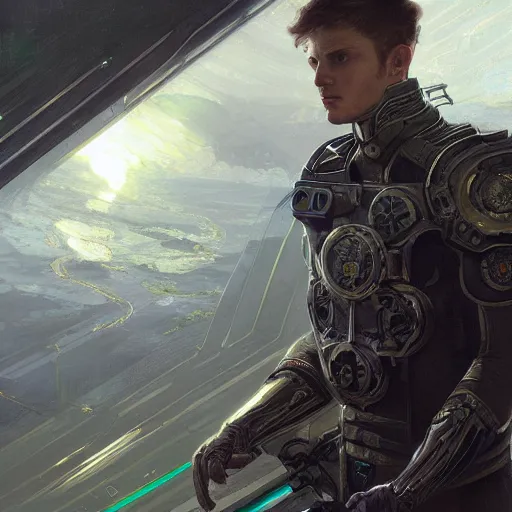 Prompt: A white male of the Gallente race in Eve-Online inside a station of green and silver metal, gorgeous, beautiful, intricate, highly detailed, digital painting, artstation, oppressive lighting, sci-fi concept art, sharp focus, illustration, art by greg rutkowski and alphonse mucha