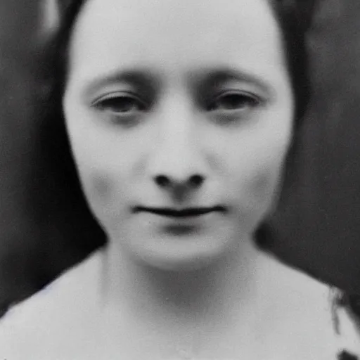 Prompt: beatiful frontal portrait of a woman with 4 eyes, monochrome photograph taken in 1910, grainy, film grain