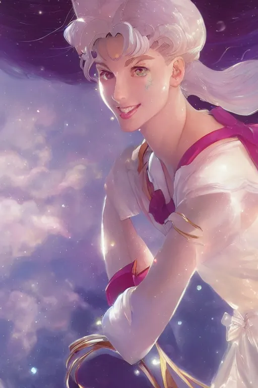 Image similar to Sailor Moon slight smile, highly detailed, digital painting, artstation, concept art, sharp focus, illustration, art by artgerm and greg rutkowski and alphonse mucha