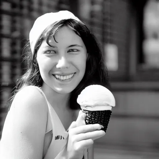 Prompt: a film photo of a pretty young woman, 26, wearing summer clothes, holding an ice cream cone on a hot summer's day in New York City