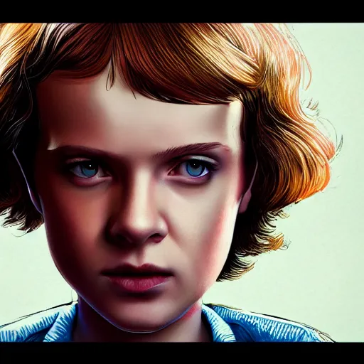 Image similar to eleven from stranger things with her hand outstretched facing the camera, trending on artstation, art by yoshitaka amano, 4k