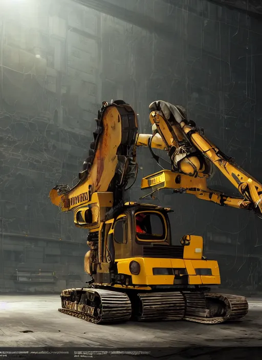 Image similar to a photorealistic dramatic hyperrealistic render of a futuristic exosuit power excavator heavy machinery, ultra realistic details, glossy yellow, well worn, rust, oil stains by vitaly bulgarov and mike nash, beautiful dramatic dark moody tones and lighting, cinematic atmosphere, studio lighting, global illumination, shadows, dark background, octane render, 8 k