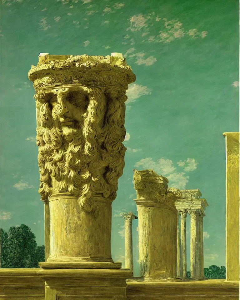 Image similar to achingly beautiful painting of intricate ancient roman corinthian capital on green and gold background by rene magritte, monet, and turner. giovanni battista piranesi.