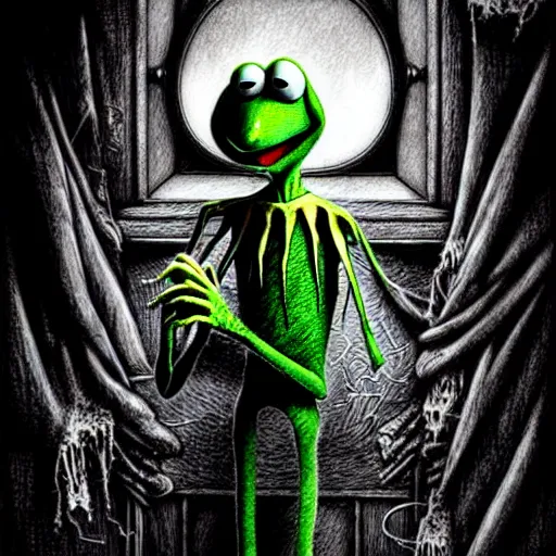 Image similar to grunge cartoon drawing of kermit the frog by - michael karcz , in the style of corpse bride, loony toons style, horror themed, detailed, elegant, intricate