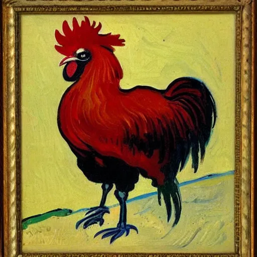 Image similar to bright red oil painting of a rooster, Vincent van Gogh