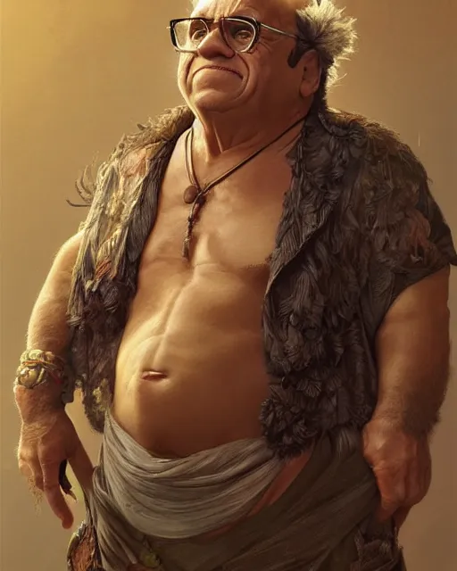 Image similar to character portrait of danny devito, intricate, wild, highly detailed, digital painting, artstation, upper body, concept art, smooth, sharp focus, illustration, art by artgerm and greg rutkowski and alphonse mucha