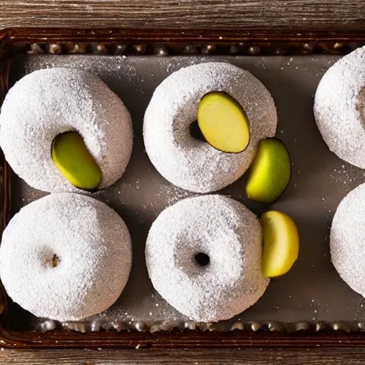 Image similar to powdered donuts stuffed with sliced pickles on an ornate table, high resolution photograph, romantic lighting