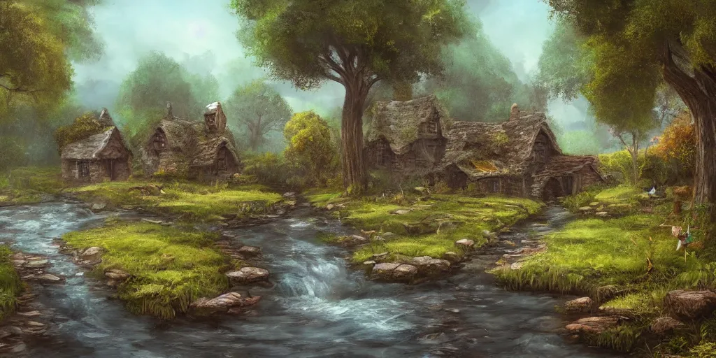 Image similar to a small surreal serene fantasy village on the edge of the woods, small stream, water wheel, by bob ross, lord of the rings, smooth, detailed terrain, oil painting, matte painting, concept art, trending on artstation