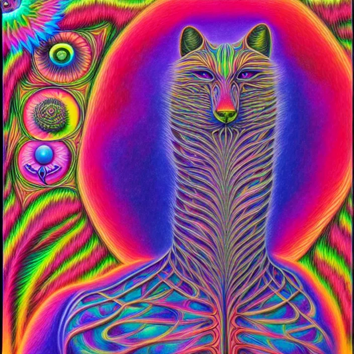 Image similar to psychedelic fursuiters, by alex grey, intricate details, artstation, furry, beautiful