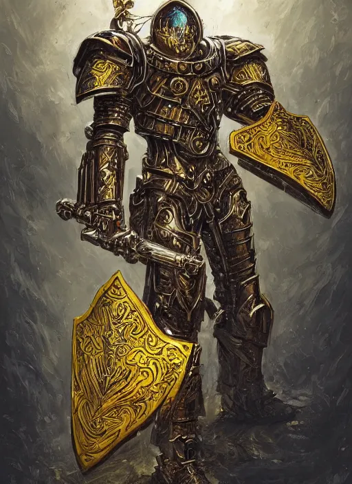 Image similar to dynamic portrait of a intricate glorious holy mechanical warforged character in yellow armor holding a paladin engraved great longsword and carrying a big paladin shield, spotlight from face , epic , trending on ArtStation, masterpiece, cinematic lighting, by Jesper Ejsing and by Philippe Druillet and by Yoann Lossel and by John Salminen