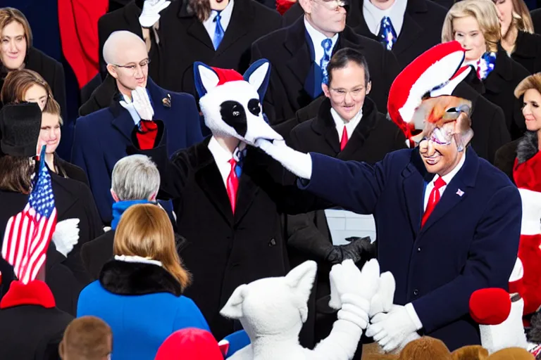 Image similar to photo of the usa presidential inauguration, a fox fursuiter being inaugurated as president