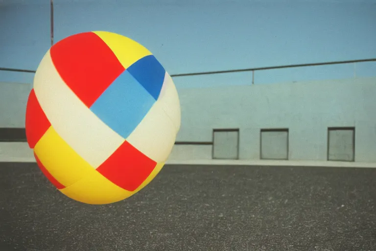 Prompt: beach ball, inside of an badly lit 1970s parking garage, ektachrome photograph, volumetric lighting, f8 aperture, cinematic Eastman 5384 film