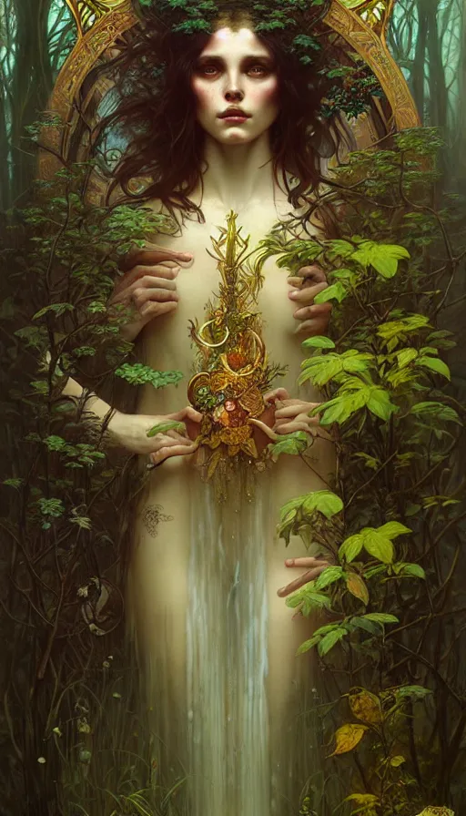 Image similar to consciousness concept art, lush forest, magic, gnarly details, gold, gems, dramatic lighting, denoised, painted by tom bagshaw, alphonse mucha