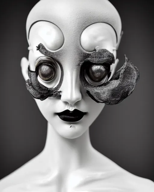 Prompt: black and white dreamy foggy poetic smoky profile face portrait, one silver steampunk realistic eye biomechanical beautiful angelic young female cyclope - cyborg - robot bust, body ribs meshes,, volumetric light, hibiscus flowers, by man ray, rim light, big gothic fashion pearl embroidered collar, 8 k