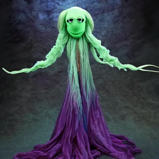 Image similar to ethereal spectral live action muppet ghost like figure with a parasitic squid head taking over its own with four long tentacles for arms that flow gracefully at its sides like a cloak, it has a mermaid like body with a snake tail instead of legs, it stalks around frozen forests searching for lost souls to consume, hides in the shadows of trees, this character uses hydrokinesis and electrokinesis, it is a real muppet by sesame street, photo realistic, real, realistic, felt, stopmotion, photography, sesame street, monsters inc pixar