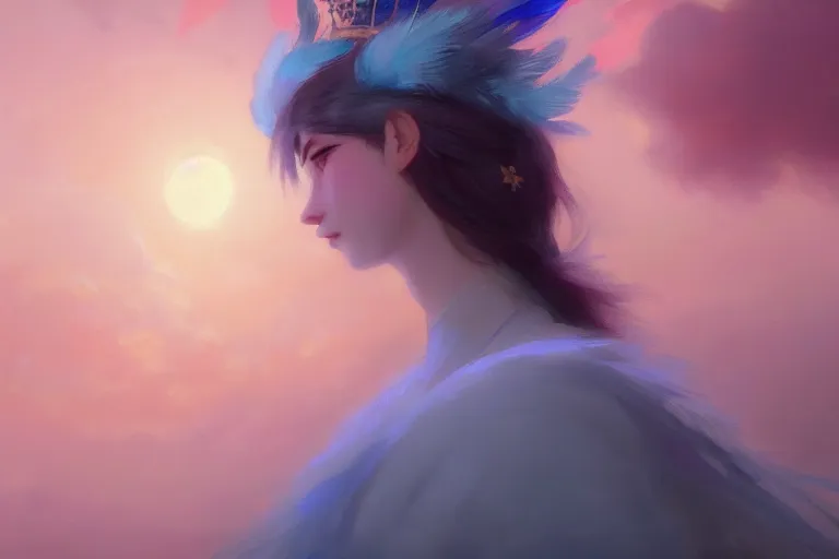 Prompt: Portrait of magical girl, close up, wearing crown of bright feathers, painting by studio ghibli, Ivan Aivazovsky and Greg Rutkowski, artstation, fantasy, intricate, beautiful, cinematic, octane render, arnold render, 8k, hyper realism, detailed, sharp focus, 4k uhd, masterpiece, award winning