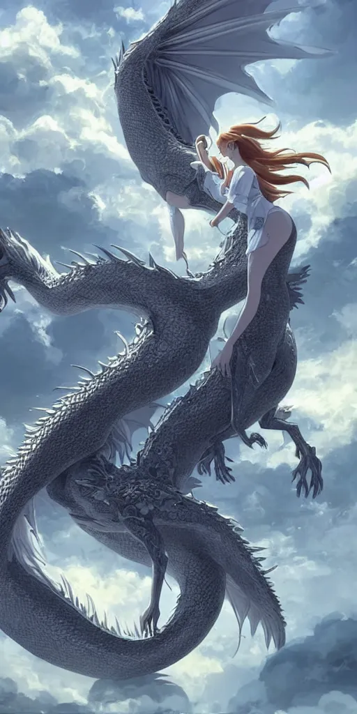 Prompt: beautiful scene render that a princess lies in the arms of a huge silver dragon alone, finely detailed angelic face delicate features, in the fairyland surrounded by white clouds, perfectly shaded, atmospheric lighting, style of makoto shinkai, studio ghibli. artgerm, beeple, animation style, 4 k hd, hyper detailed