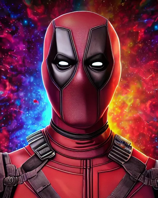 Prompt: portrait ultra dimensional deadpool entity, accidentally tripping on dmt and acid, psychedelic experience, overwhelming psychosis of self realization and burning awakening, ultra high definition, unreal engine 5, hyperrealism, masterpiece composition, by casey weldon, barclay shaw 8 k photorealistic